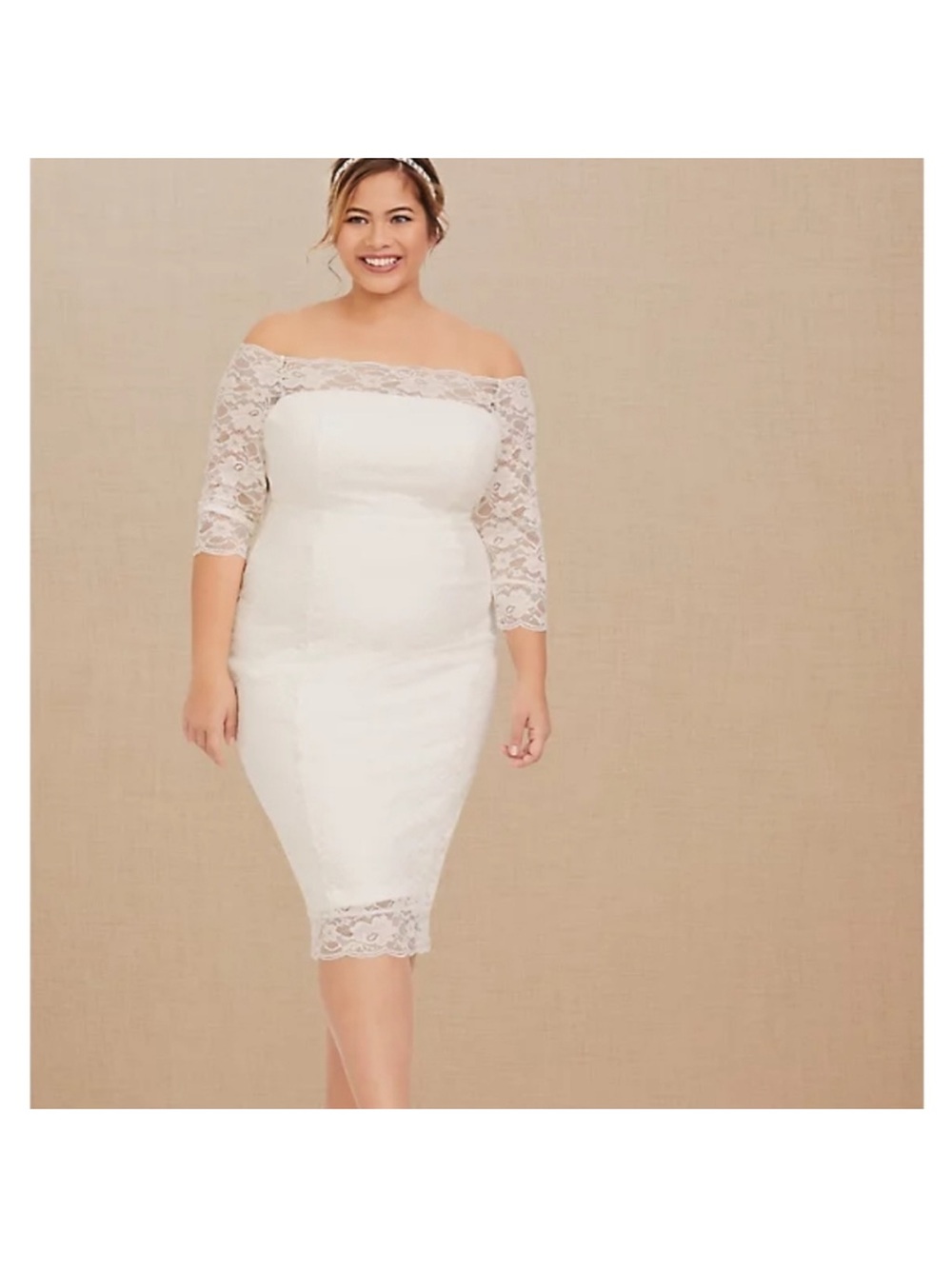 Off-Shoulder ivory Lace Sheath Dress